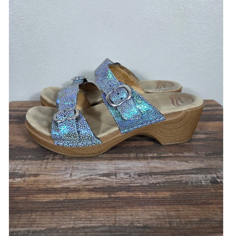 Dansko Sophie 2 Buckle Blue & Green Iridescent Leather Clog Platform Sandals 40